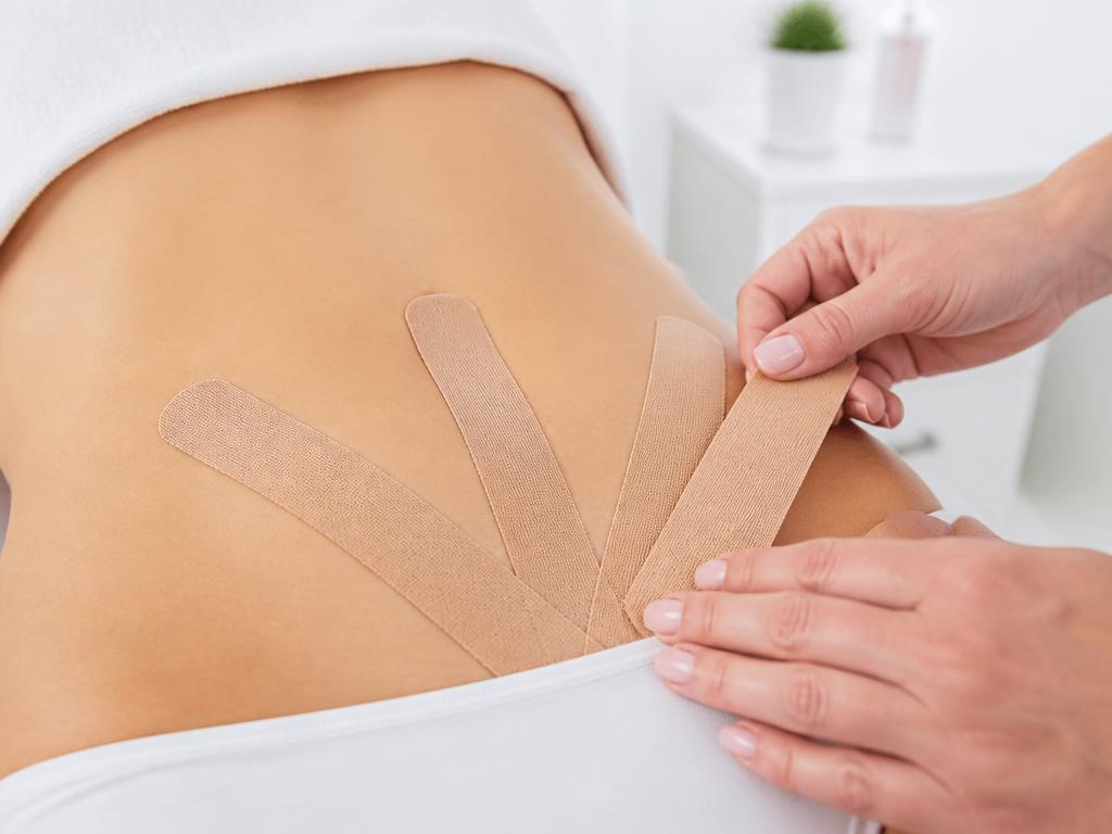 Fyzioterapeutka aplikuje kinesio tape v gynekologické ordinaci