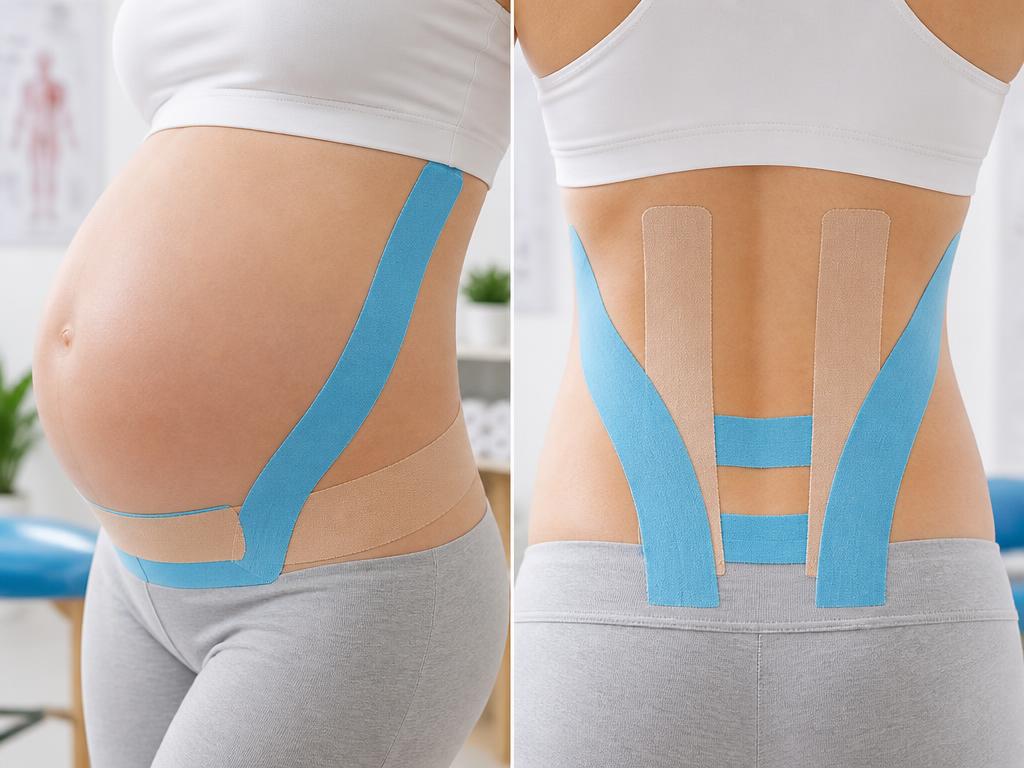 Těhotná žena s kinesio tapem na břiše a zádech pro podporu a úlevu
